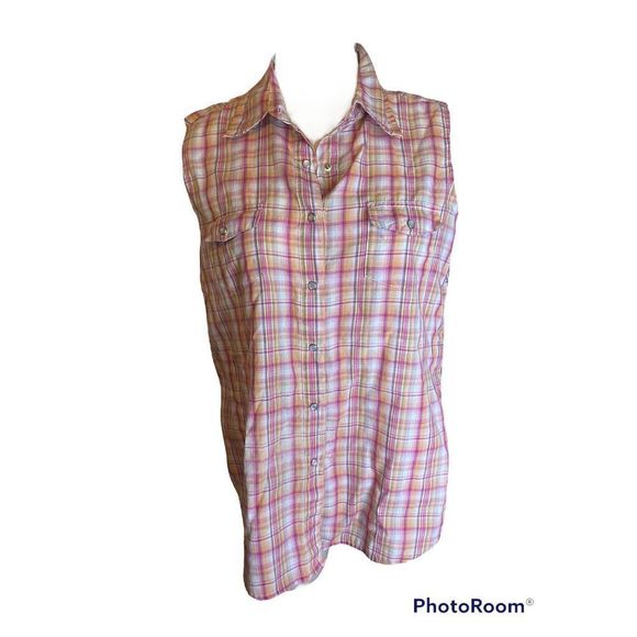 Wrangler Tops - Wrangler Wrancher Womens Large Plaid Sleeveless Pearl Snap Button Down Top